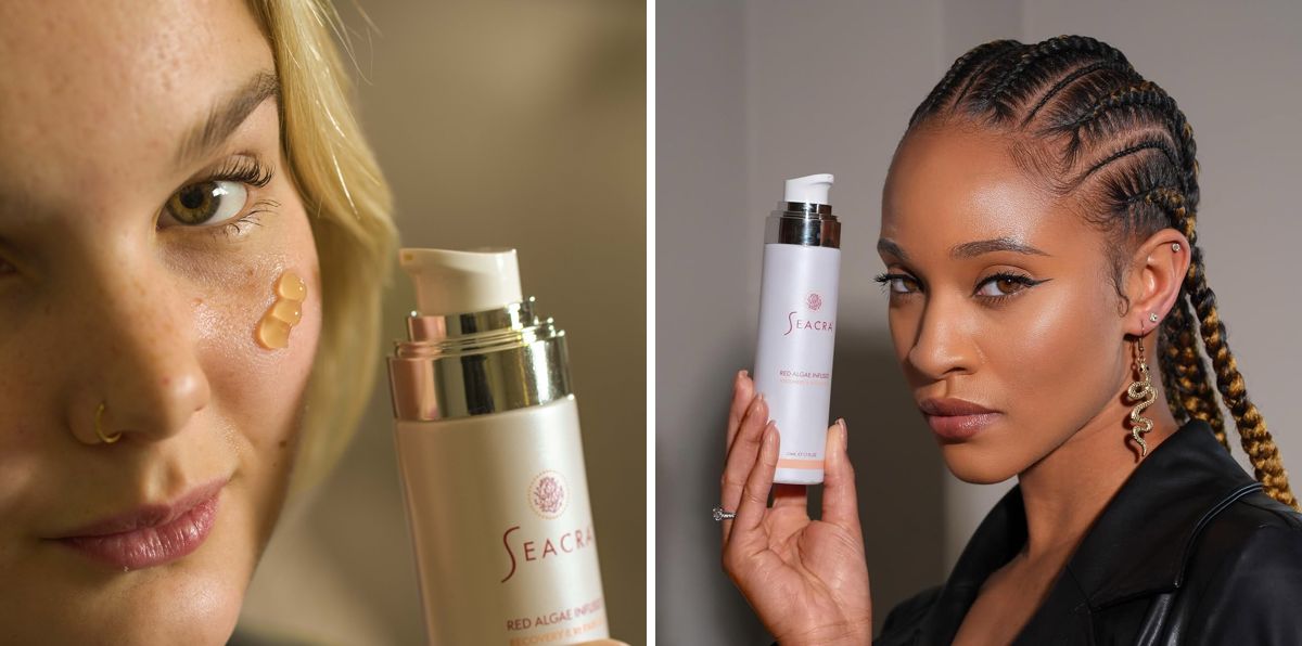 Two Seacra skincare portraits: fair freckled skin with gel on the cheek, and deep skin with braids holding the bottle
