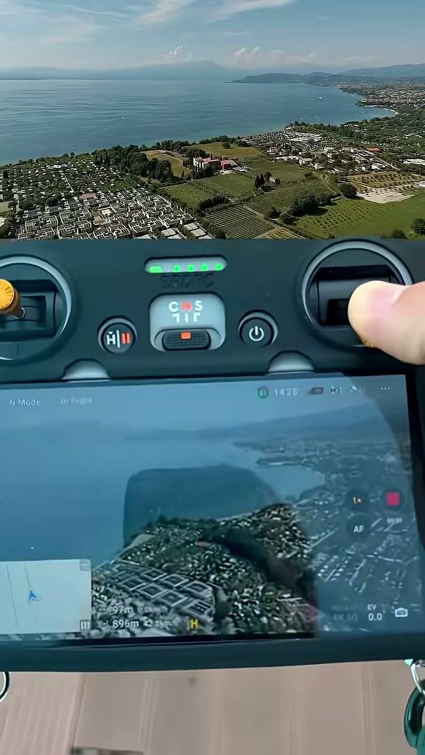 DJI Mini 4 Pro controller screen with a lake view, Verona