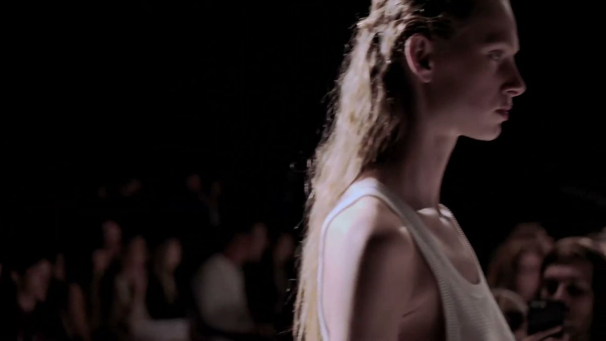 Model in profile on the runway at Chalayan, London Fashion Week
