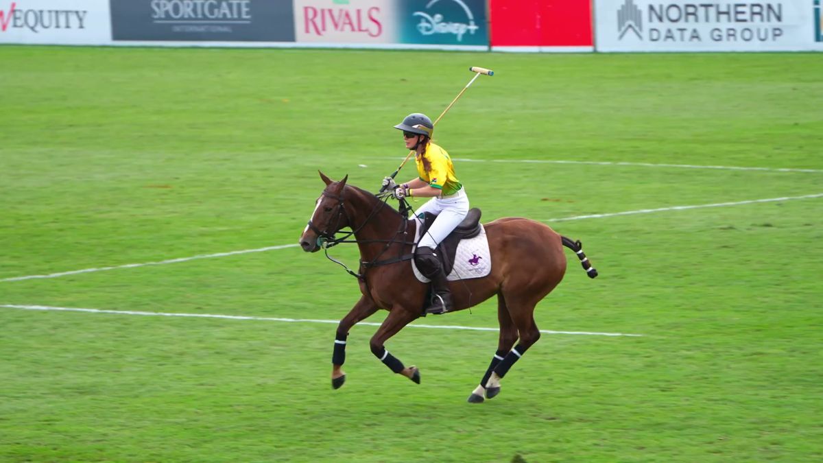 IBV Gold Team Cape Town player with mallet raised at Polo in the Park, London