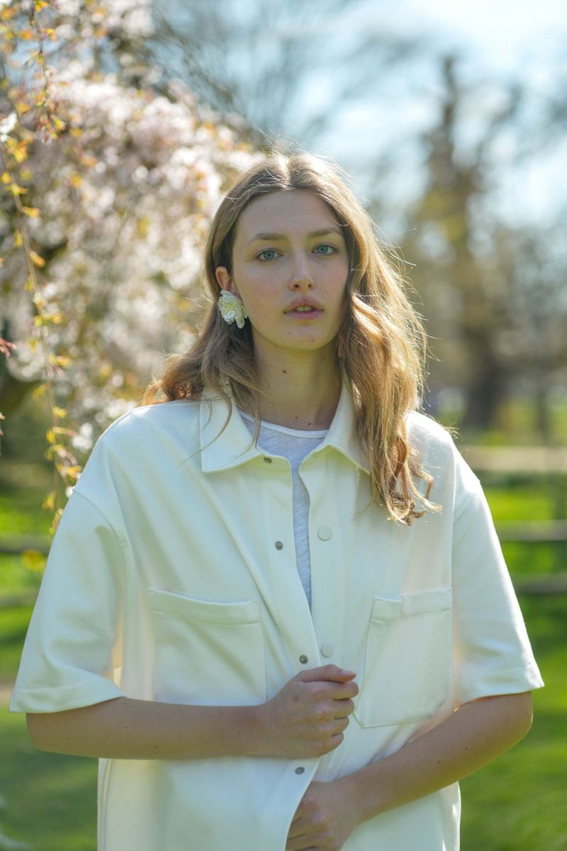 Portrait under spring blossom in Richmond, model test for Linden Staub