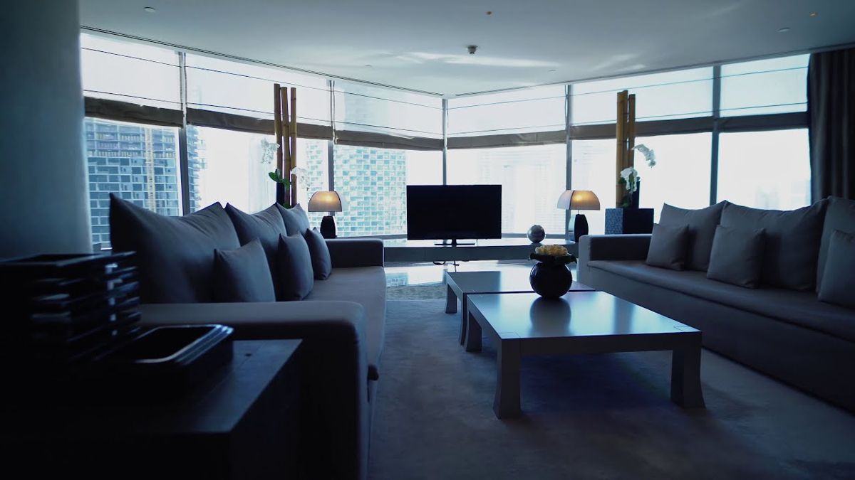 Suite living room at Armani Hotel Dubai, exposed for the window light