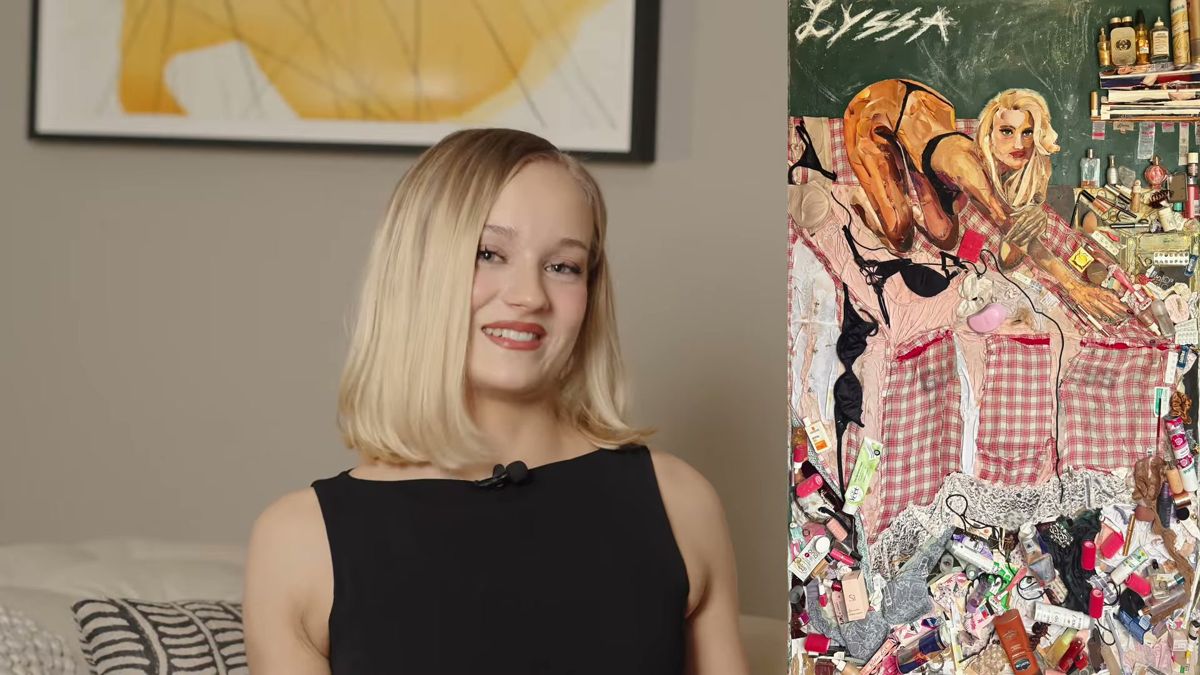 Split screen of Lyssa beside her mixed media artwork in the LYSSA Episode 1 edit