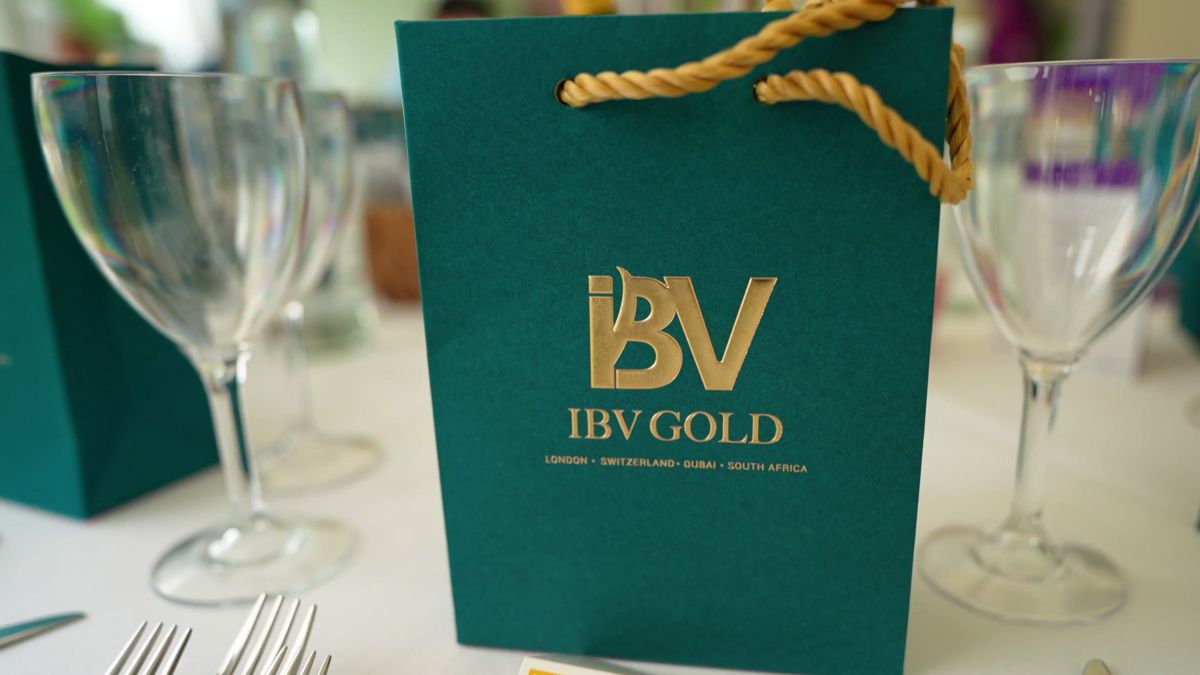 Green IBV Gold gift bag and glassware laid on a hospitality table at Polo in the Park