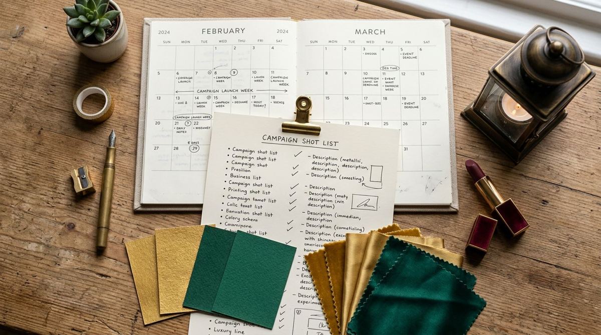 Campaign planning desk with a shot list, gold and emerald swatches and a February to March calendar