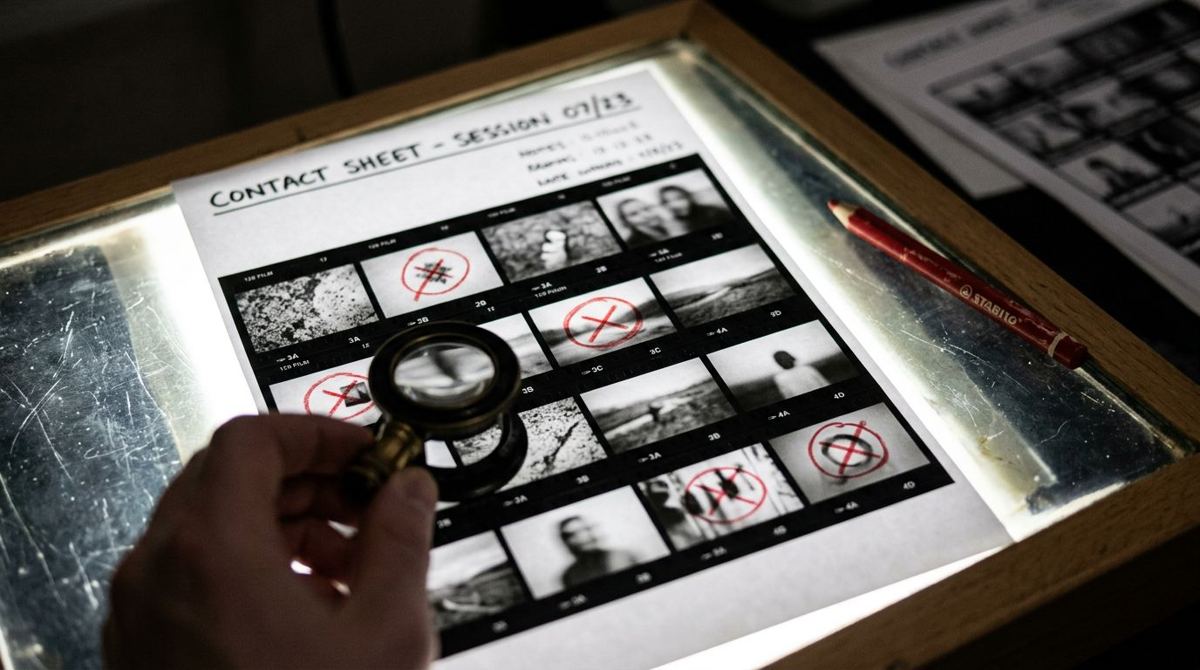 Contact sheet on a light table with a loupe and red marks on the selected frames
