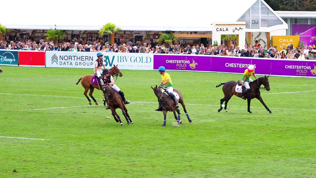 Polo match at Hurlingham Park with the IBV Gold sponsor board behind the players