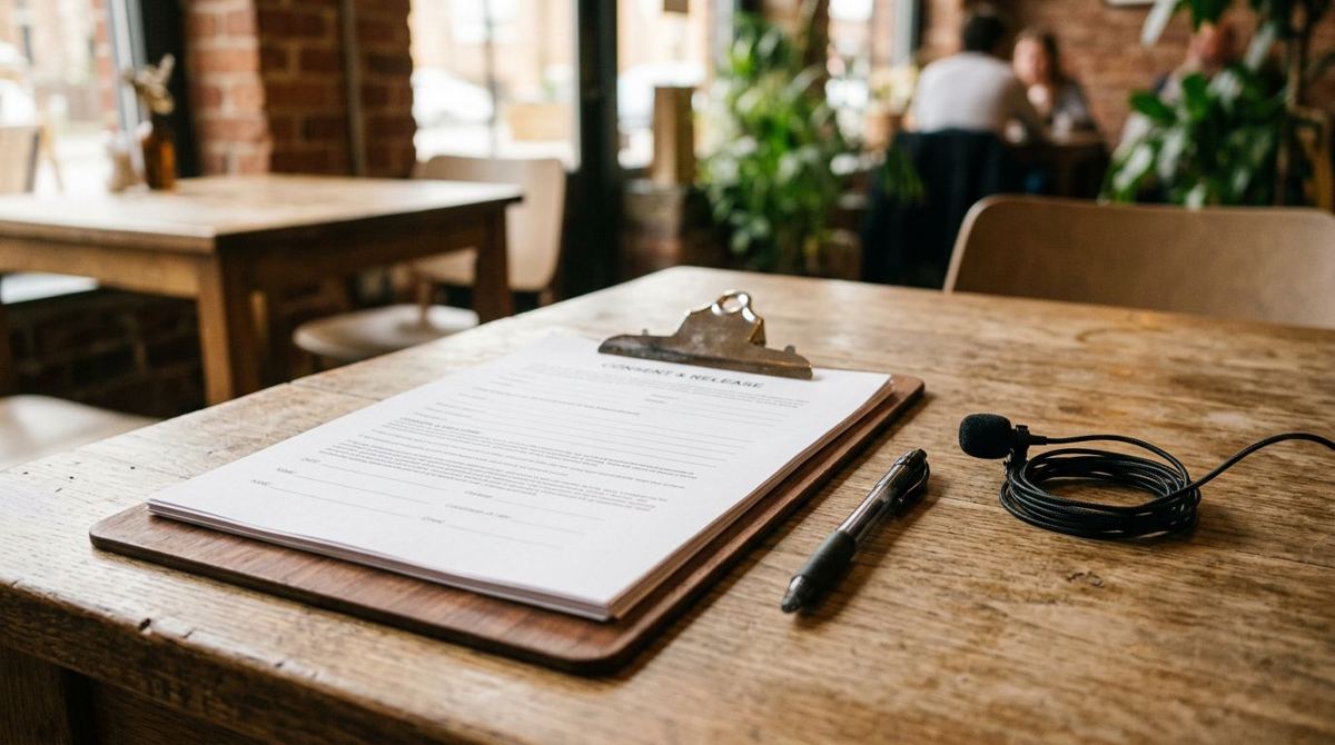 Clipboard with release forms, a pen and a lavalier microphone on a cafe table
