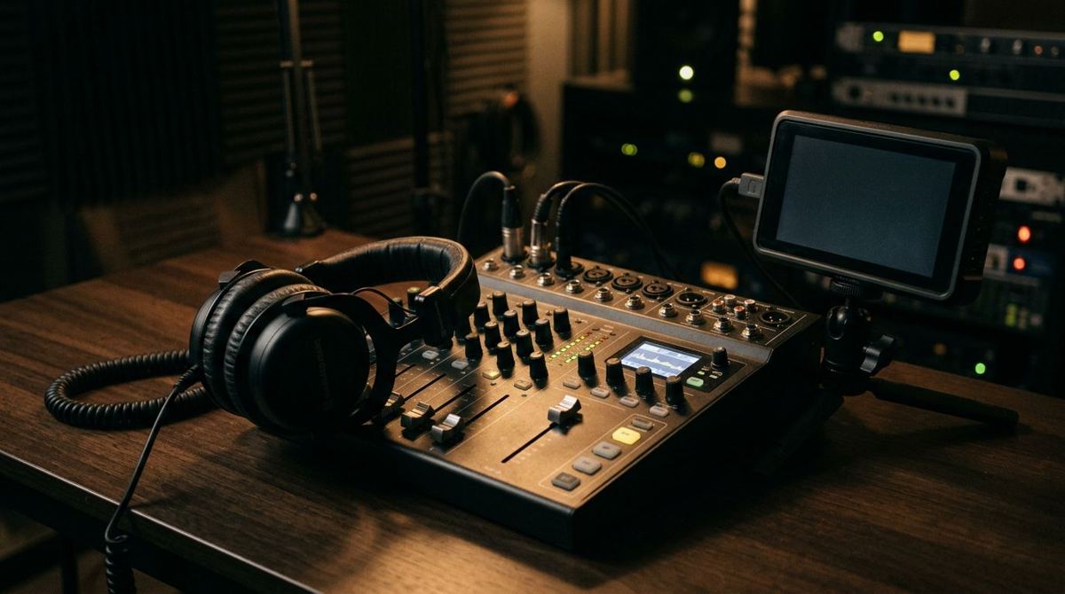 Podcast audio mixer with headphones and a camera monitor in a dark studio